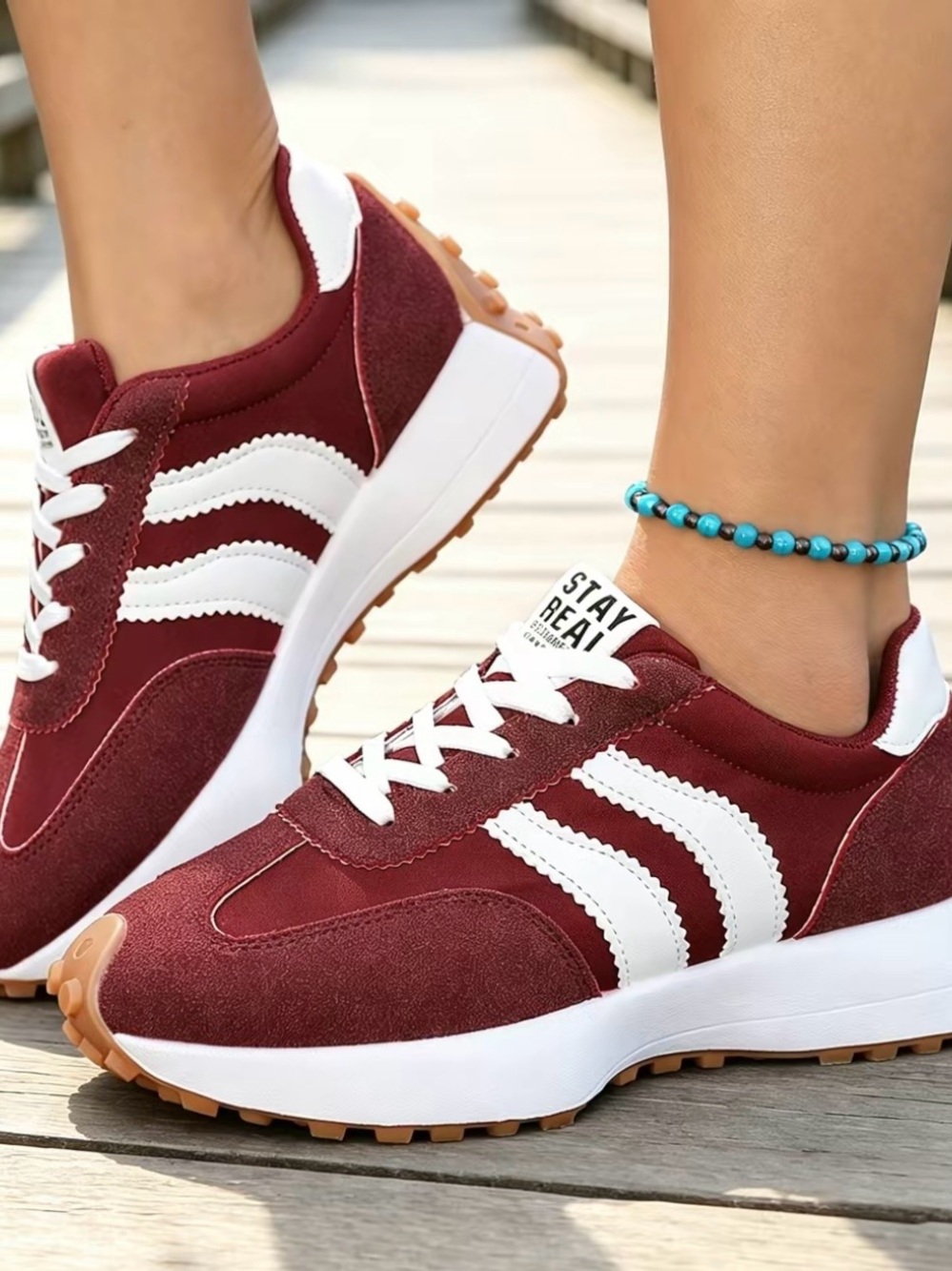 Women's Maroon Lace-Up Sneakers with White Stripes - Picture 4 of 5